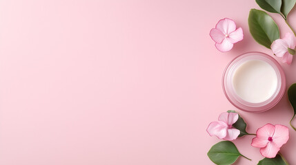 Top view of cream jar with gentle flowers and leaves on empty pink background. Delicate banner for skincare and cosmetics
