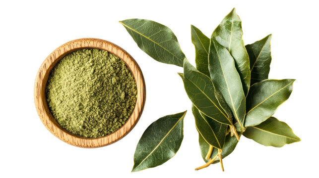 Dried bay leaf powder in a wooden bowl with fresh bay leaves isolated on transparent background - Powered by Adobe