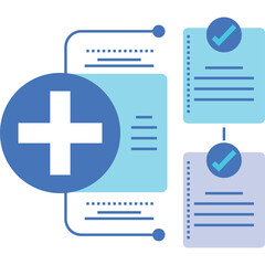 Abstract medical flowchart with blue and white plus sign and checklist documents symbolizing...