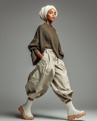 Confident African American Woman Walking in Khaki Sweater and Beige Harem Pant