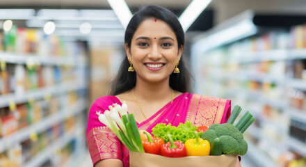 A woman in a vibrant saree proudly carries a bag filled with fresh vegetables while shopping supermarket aisle.