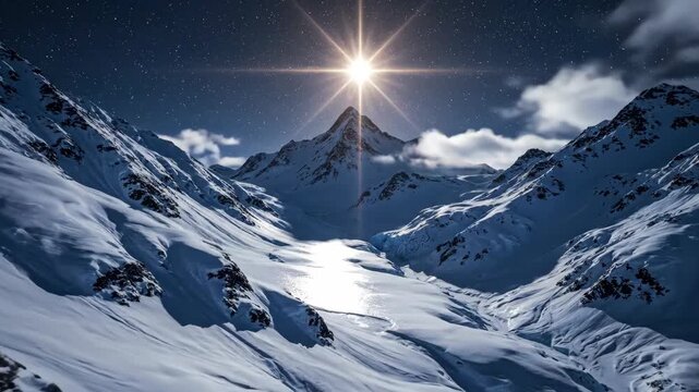 Stunning snowy mountain range with radiant star in the night sky, a breathtaking natural wonder