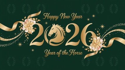 Greeting card "Happy New Year 2026" on a dark green background. In the center there is a large inscription "2026", a horse's head and symbolizes the Year of the horse.