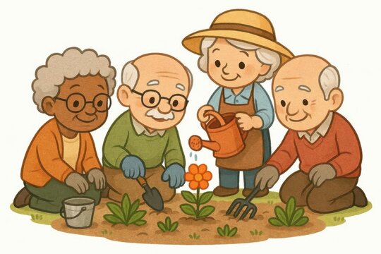 Elderly Care Community: Cartoon heartwarming clipart of seniors gardening together, cute character design
