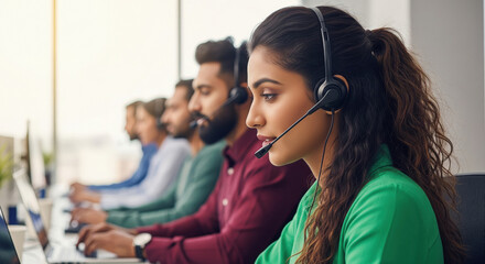 A group of Indian call center professionals in headsets work together at their computers