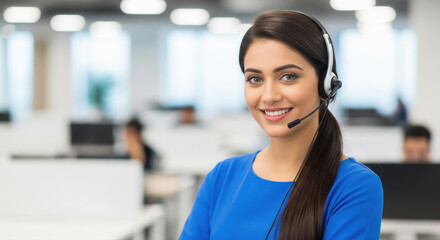 A professional Indian woman provides customer support through a headset, working attentively at a modern call center environment.