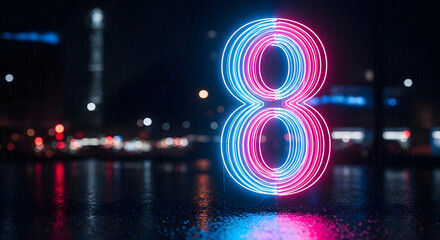 Vibrant neon number 8 glows brightly against a rainy city night, reflecting on wet pavement, perfect for celebrations and urban themes.