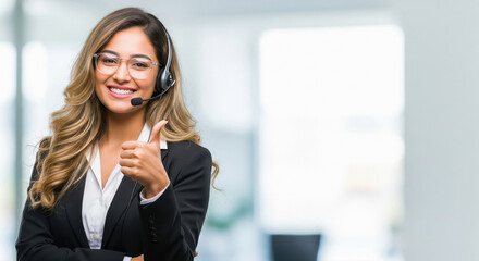 A confident Indian customer service professional in a headset and business suit gives a thumbs-up