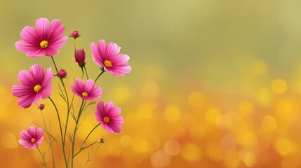 Vibrant Pink Cosmos Flowers with Soft Focus Background in Shades of Yellow and Orange Creating a Beautiful and Cheerful Floral Scene