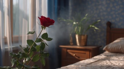 Burning Rose Symbolizing Passion in a Dimly Lit Room with Soft Morning Light