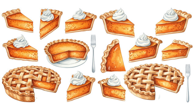 A collection of watercolor illustrations of pumpkin and apple pies, featuring whole pies and slices with lattice crusts and whipped cream.