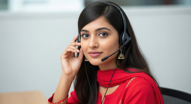 A professional Indian woman provides customer support through a headset, working attentively at a modern call center environment.