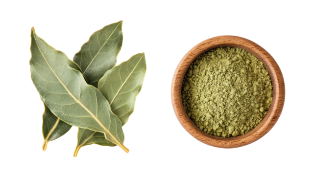 Dried bay leaves and ground bay leaf spice isolated on transparent background
