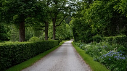 Obraz premium Serene Pathway Flanked by Lush Tall Flowering Hedges in a Tranquil Garden Setting