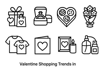 Valentine Gift Icons. Valentine Shopping Trends linear icon set: couple gift sets, jewelry boxes, chocolate assortments, floral arrangements, matching apparel, personalized cards,
