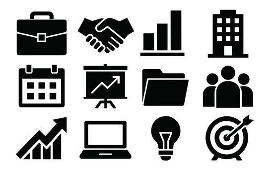 Brutalist Business Icons. Business Workshops silhouette icon set: briefcase, handshake, bar chart, office building, calendar, presentation board, document folder, team group,