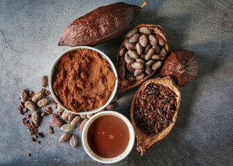 Top view of Cocoa drink, Natural cocoa powder with brown cocoa beans and cacao pod on a gray background
