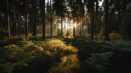Naklejka premium Tranquil Forest Scene at Sunset with Soft Light Glowing through Tall Trees and Lush Green Ferns on a Serene Summer Evening
