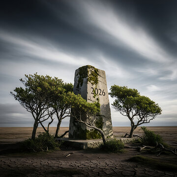 A weathered trig point marks 2026 amidst a desolate landscape, framed by windswept trees under a dramatic sky