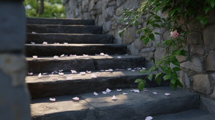 Gentle Cascade of Petals on Old Stone Steps in a Serene Garden Setting