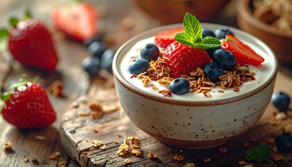 Bowl of creamy yogurt topped with granola, fresh blueberries, and sliced strawberries. Styled on a rustic wooden surface with whole berries nearby, perfect for a healthy breakfast.