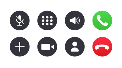 Phone calling icon set. Streaming icon set. Video call buttons set. Collection of internet conversation buttons. Answer and decline phone call buttons. Vector illustration