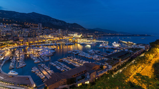 Panorama of Monte Carlo day to night timelapse from the observation deck in the village of Monaco with Port Hercules