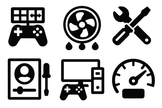 Bold Gaming Icons. Gaming Customization silhouette icon set: controller mapping, RGB profile, modding tools, avatar editor, gaming setup, performance tuning.