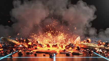 Molten lava explosion with glowing embers and intense heat creating dramatic fire and thick smoke over futuristic grid surface featuring digital currency coin with glowing cracks symbolizing virtual - Powered by Adobe