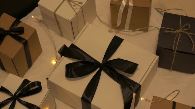 Christmas parcel scene with beautifully wrapped gifts, camera zooms in to highlight textures and festive atmosphere, creating holiday spirit. Parcel christmas concept