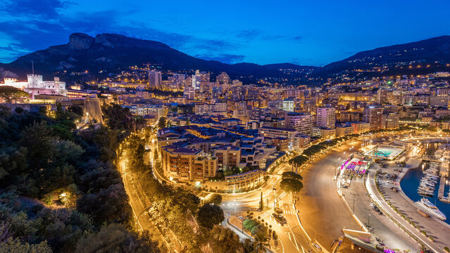 Panorama of Monte Carlo day to night timelapse from the observation deck in the village of Monaco near Port Hercules - Powered by Adobe