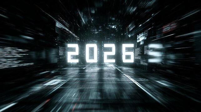 Experience the future now with dynamic 2026 digital projections and abstract data streams creating a futuristic, high-tech atmosphere for innovation. - Powered by Adobe