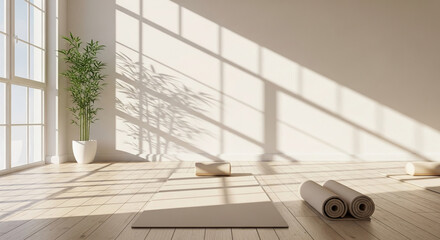 Bright room with yoga mat, bolster, rolled mats, and plant near window. Representing wellness and exercise, and promoting mindfulness, health, and zen