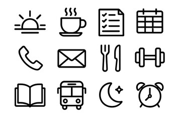 Daily Icons Overview. Daily Agenda linear icon set: sunrise, cup of coffee, to-do list, time slot grid, phone call, email envelope, lunch fork and knife, gym dumbbell, book,
