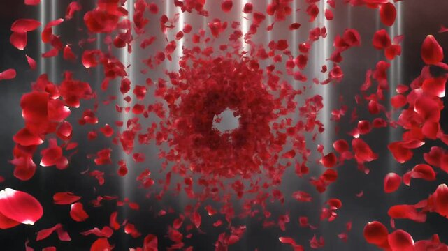 Dynamic swirl of falling red rose petals creating a central vortex against a dark background
