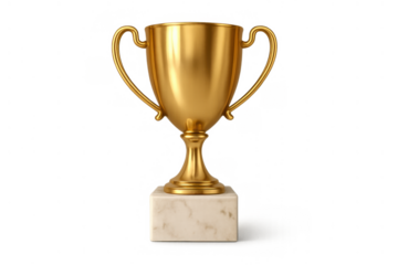 Golden trophy cup on marble base representing celebration of success, victory, winning, and achievement, transparent background