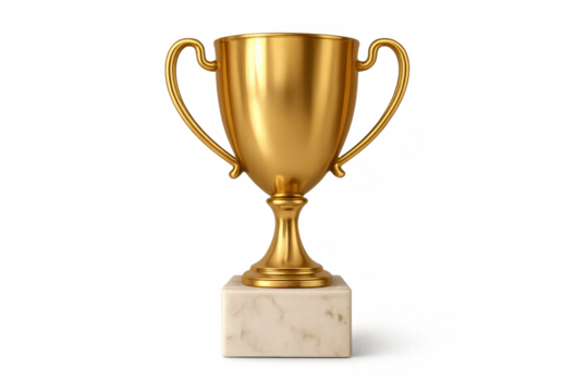 Golden trophy cup on marble base representing celebration of success, victory, winning, and achievement, transparent background - Powered by Adobe