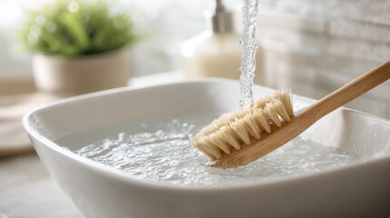Bamboo cleaning brush under running water in a white basin, symbolizing cleanliness and freshness, realistic textures, soft natural lighting, modern product photography style, shallow depth of field 
