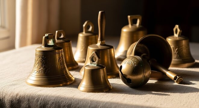 Discover vintage brass bells bathed in warm sunlight, perfect for adding a touch of nostalgic charm and elegant sound to any creative project. - Powered by Adobe