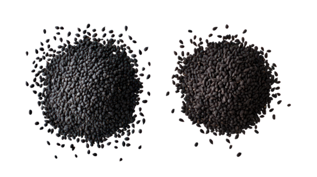 Black Cumin Seeds and Black Cumin Powder in a Bowl Overhead on Transparent Background - Powered by Adobe