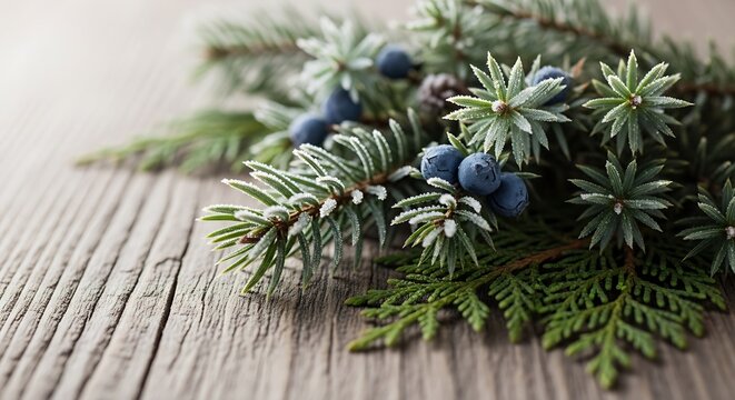 Stunning frosty juniper berries and evergreen branches rest on rustic wooden planks, evoking winter's crisp beauty and natural elegance. - Powered by Adobe