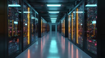Data center server room with rows of servers
