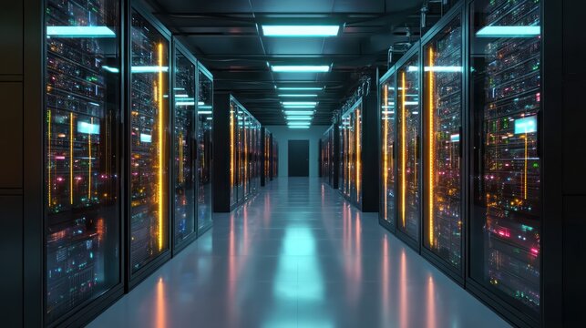 Data center server room with rows of servers