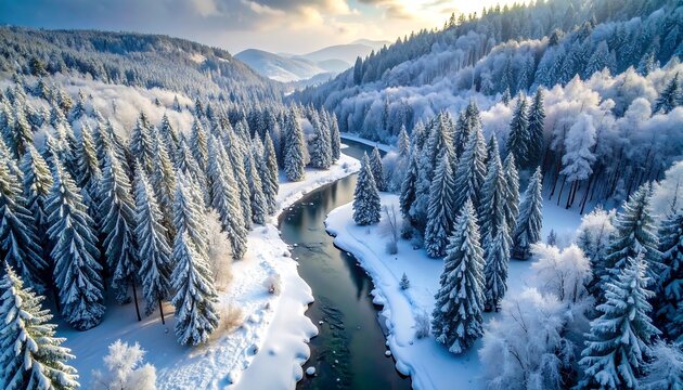Aerial view of a snow-covered forest with a river flowing through the valley