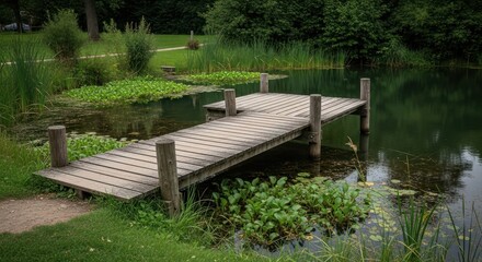 Fototapeta premium A wooden dock extends over a calm pond, surrounded by lush greenery