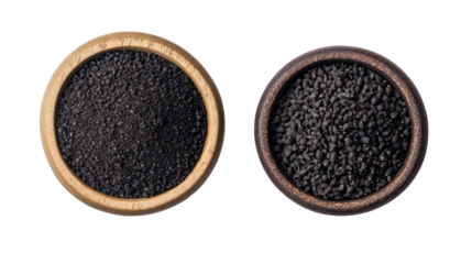 Black Cumin Seeds and Black Cumin Powder in a Bowl Overhead on Transparent Background