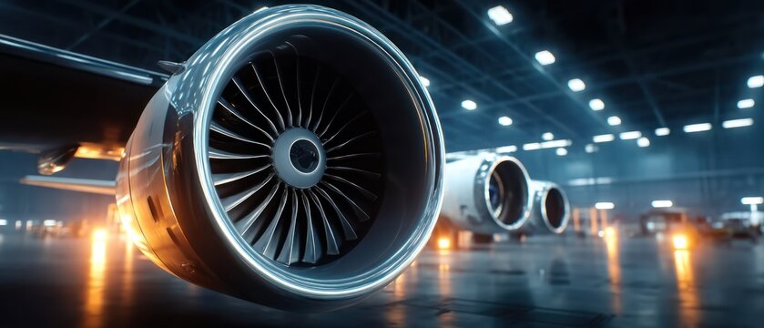 Close up of airplane jet engine inside a hangar
