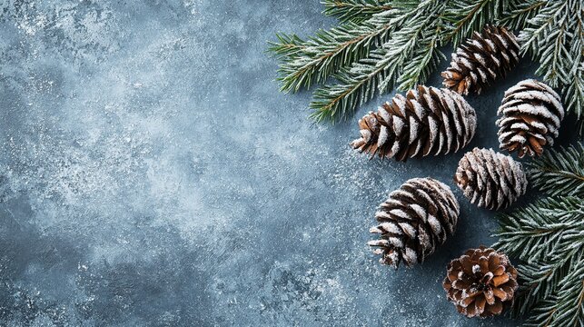frosty pine cones and christmas tree branches on a blue concrete background with copy space, top view, winter holiday concept, christmas and new year's decoration