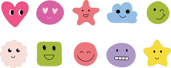 Cute Colorful Emoji Faces — Kawaii Vector Set of Smiling Cartoon Shapes for Kids and Design Projects