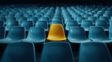 Fototapeta premium Single yellow chair standing out among blue seats in an empty stadium, symbolizing individuality, dramatic lighting, realistic textures, cinematic composition, modern photography style.